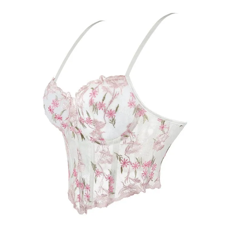 Damen-Overbust-Korsett aus Netzstoff mit Vintage-Blumenstickerei