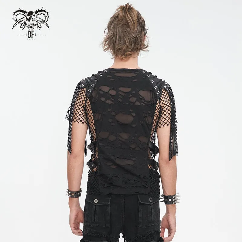 Herren-Punk-T-Shirt mit geripptem Quasten-Mesh-Splice-Motiv