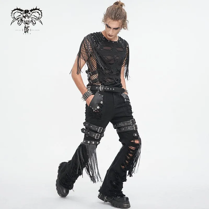 Herren-Punk-T-Shirt mit geripptem Quasten-Mesh-Splice-Motiv