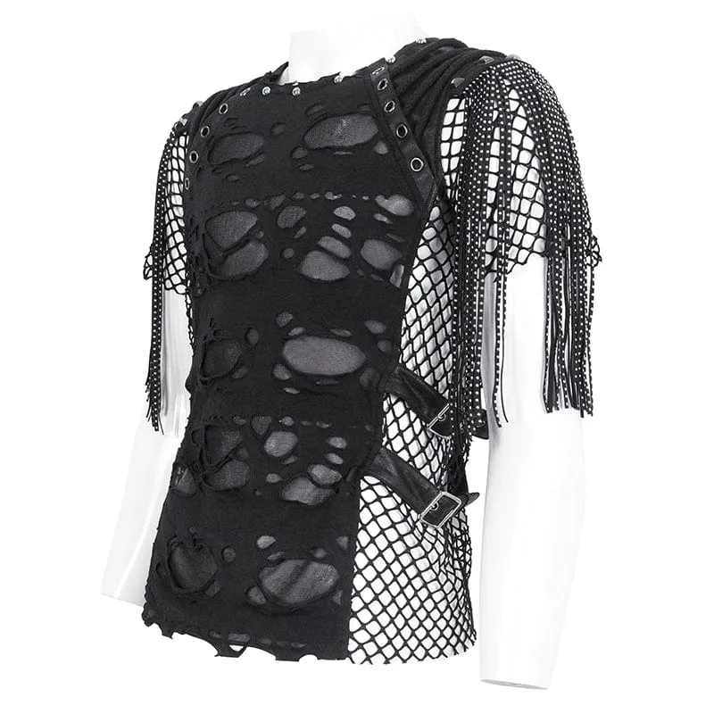 Herren-Punk-T-Shirt mit geripptem Quasten-Mesh-Splice-Motiv