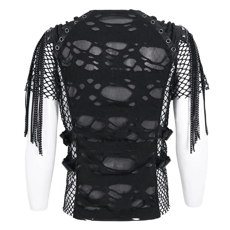 Herren-Punk-T-Shirt mit geripptem Quasten-Mesh-Splice-Motiv