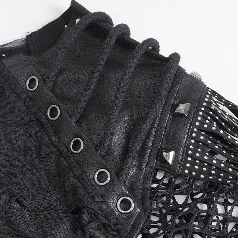 Herren-Punk-T-Shirt mit geripptem Quasten-Mesh-Splice-Motiv