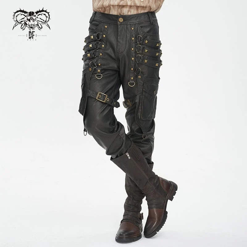 Herren-Gothic-Hosen aus bronzefarbenem Kunstleder mit großen Taschen und Nieten