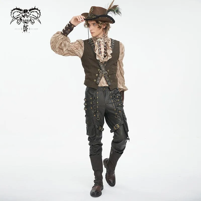 Herren-Gothic-Hosen aus bronzefarbenem Kunstleder mit großen Taschen und Nieten