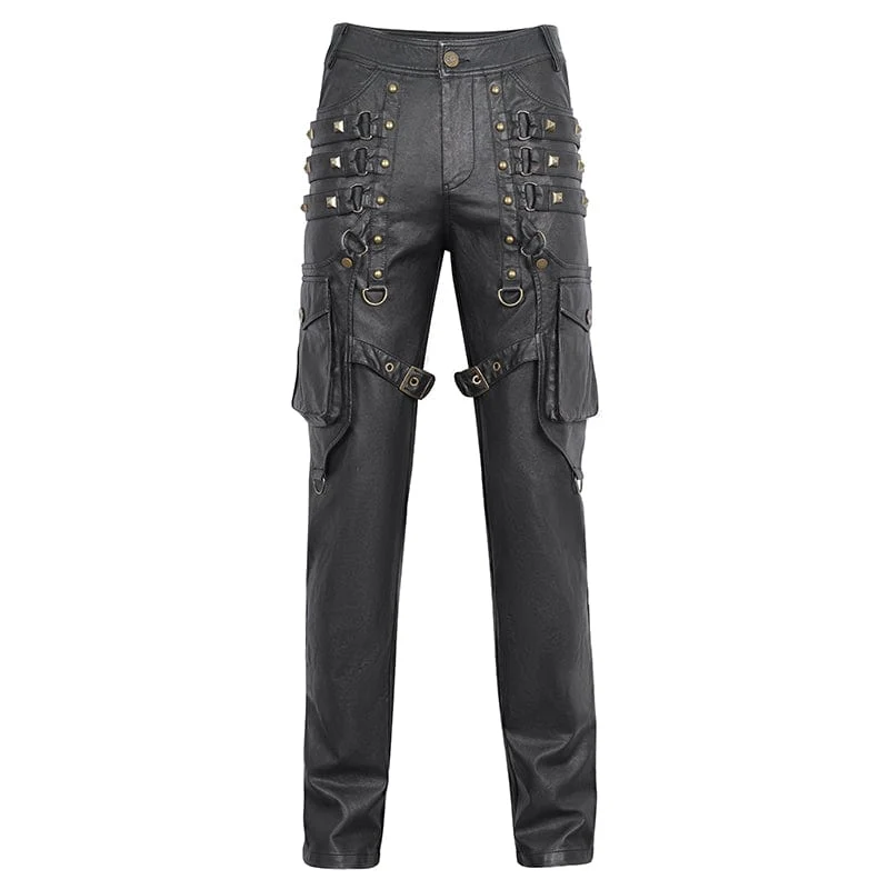 Herren-Gothic-Hosen aus bronzefarbenem Kunstleder mit großen Taschen und Nieten