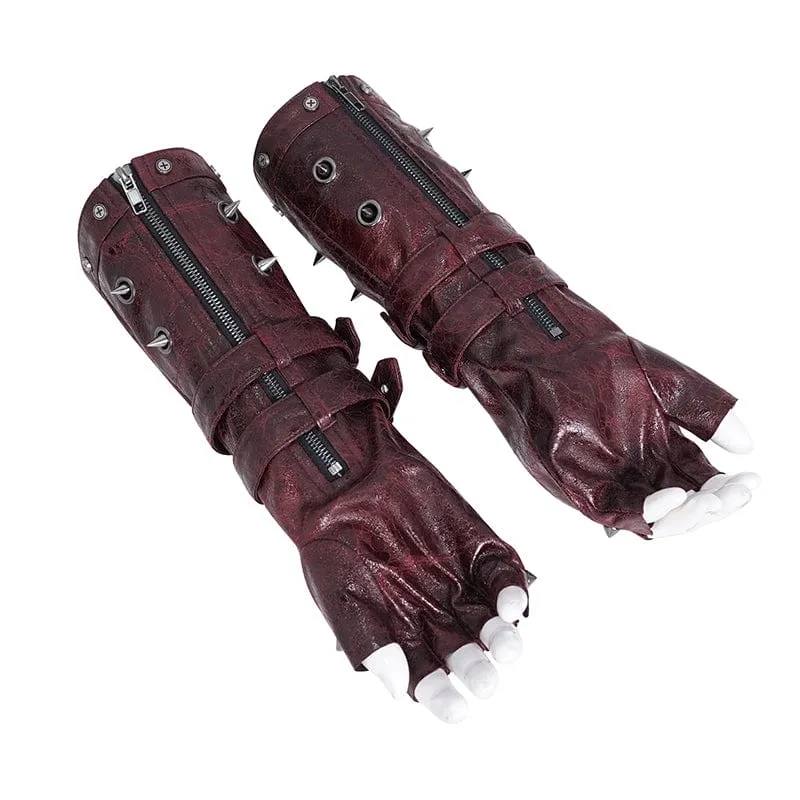 Herren-Gothic-Halbfingerhandschuhe mit Nieten und Mesh-Splice-Design in Rot