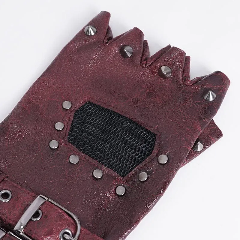 Herren-Gothic-Halbfingerhandschuhe mit Nieten und Mesh-Splice-Design in Rot