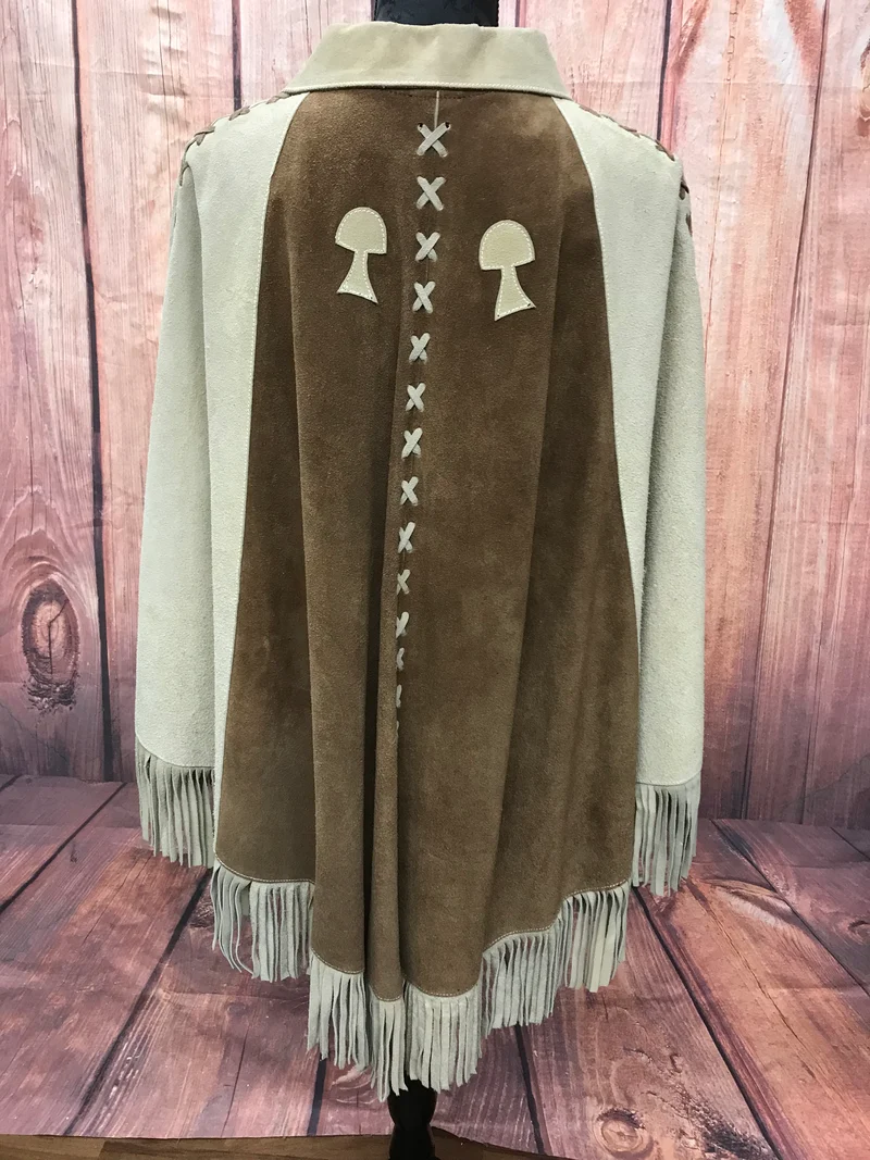 Vintage Cape Poncho Leder Wildleder Braun Beige Fransen 70er Jahre Western