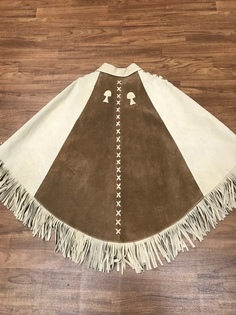 Vintage Cape Poncho Leder Wildleder Braun Beige Fransen 70er Jahre Western