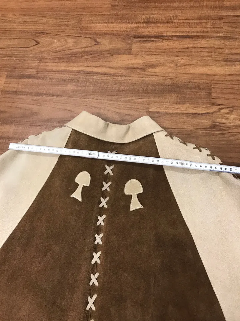 Vintage Cape Poncho Leder Wildleder Braun Beige Fransen 70er Jahre Western