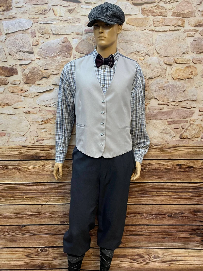 20er-Jahre Knickerbocker Outfit Größe 58 – 5-teiliges Herren Set mit Weste, Hemd, Fliege & Schiebermütze