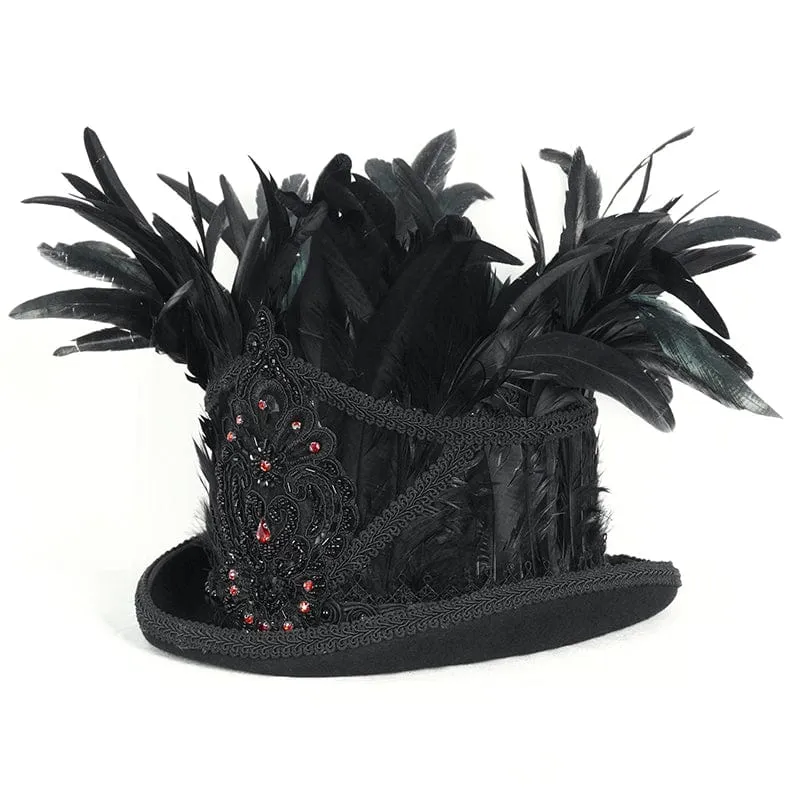 Herren-Zylinder mit Gothic-Blumenstickerei und Federn