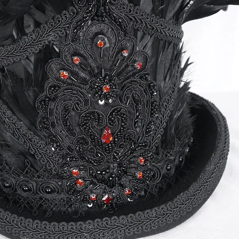 Herren-Zylinder mit Gothic-Blumenstickerei und Federn