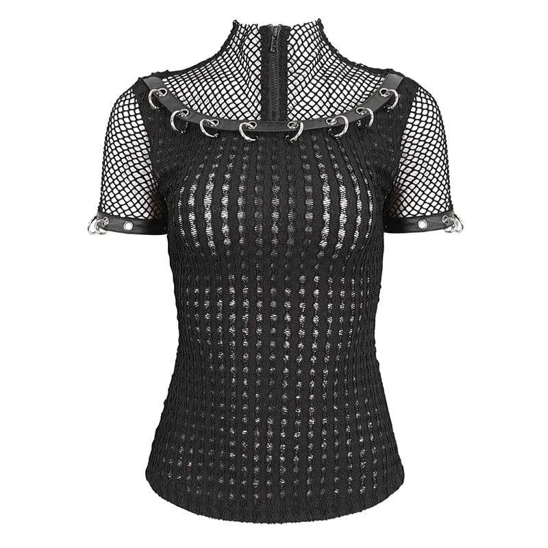 Kurzärmeliges Mesh-Oberteil mit Punk-Mesh-Ringen für Damen