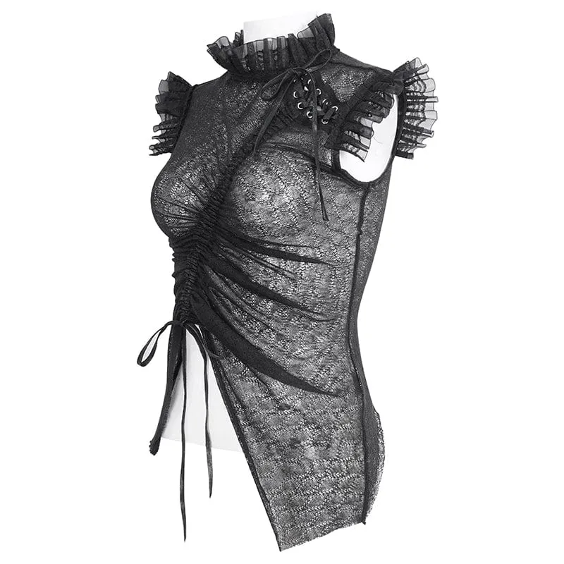 Damen-Gothic-Top mit durchsichtiger Schnürung und Rüschen aus Netzstoff