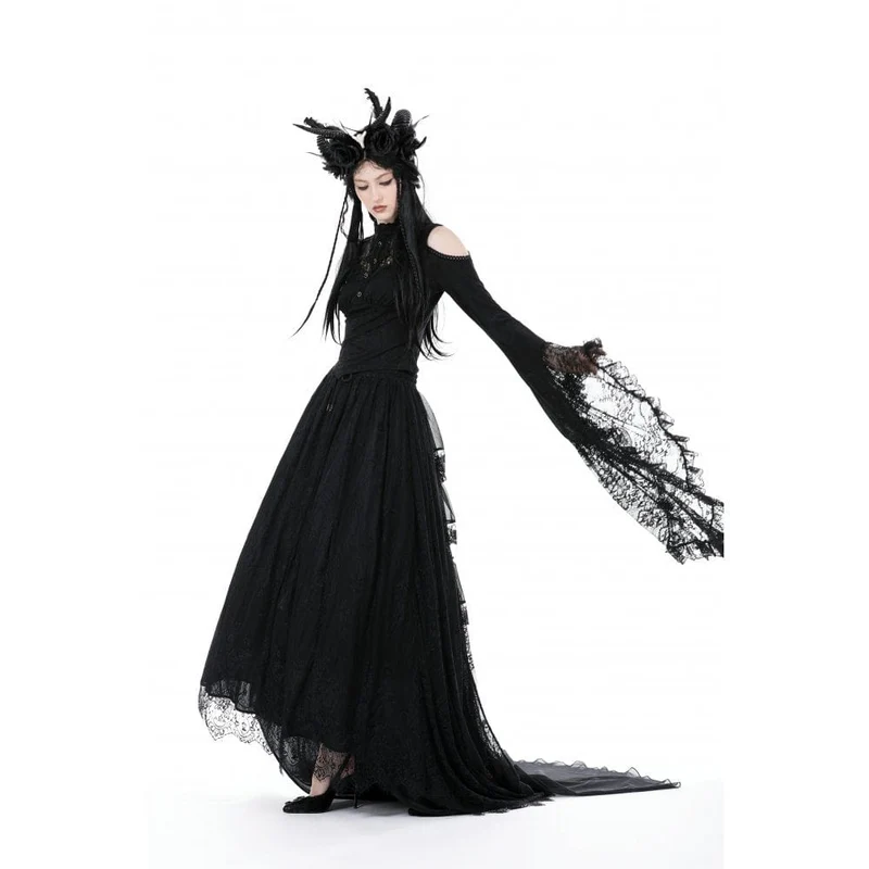 Schulterfreie Gothic-Bluse mit ausgestellten Ärmeln und Spitze für Damen