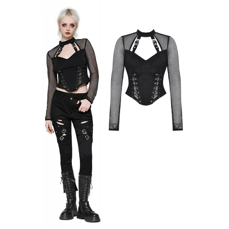 Punk-Cut-out-Mesh-Langarmbluse für Damen