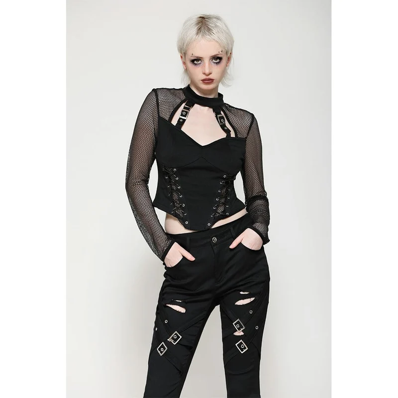 Punk-Cut-out-Mesh-Langarmbluse für Damen