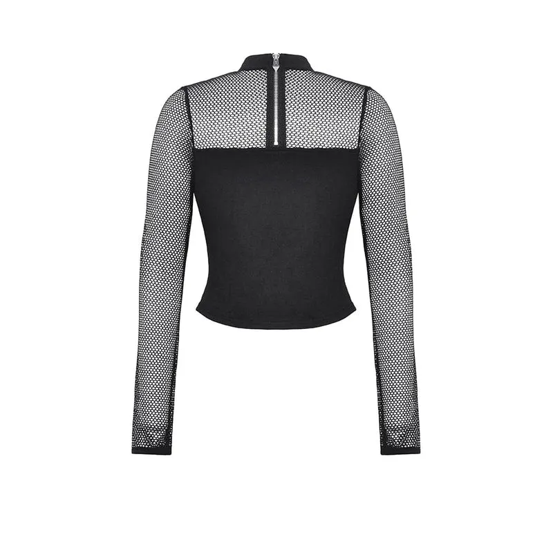 Punk-Cut-out-Mesh-Langarmbluse für Damen