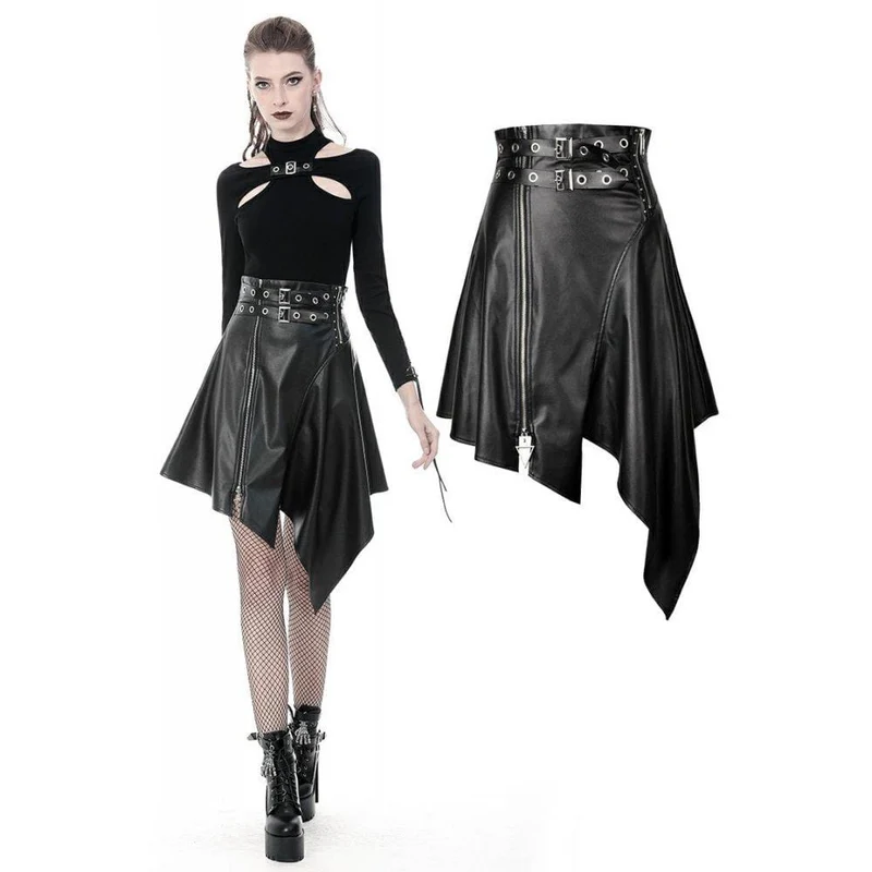 Frauen Punk PU Leder Reißverschluss Irregular Midi Röcke