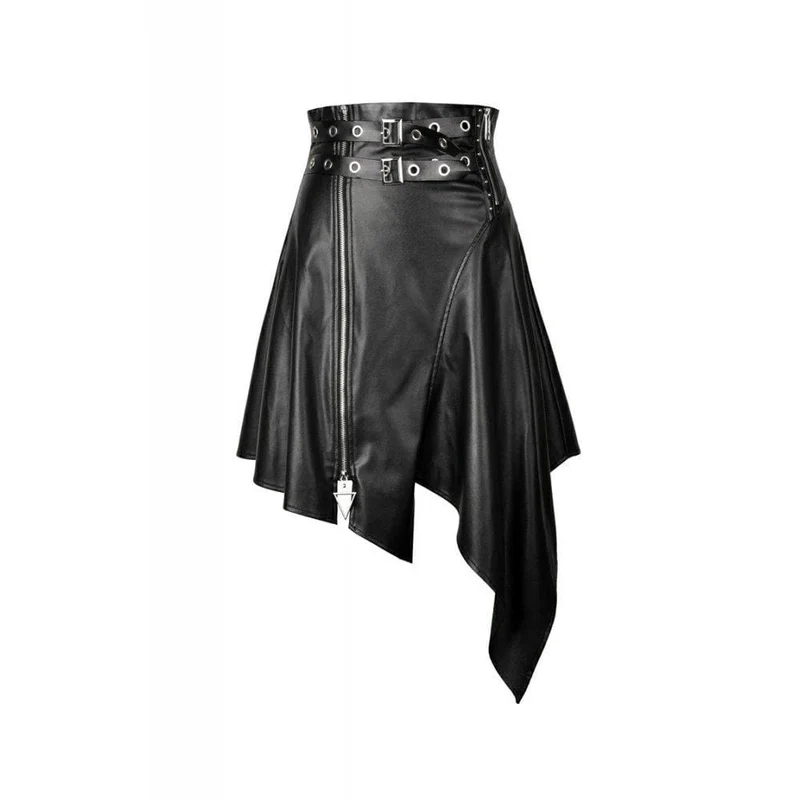 Frauen Punk PU Leder Reißverschluss Irregular Midi Röcke