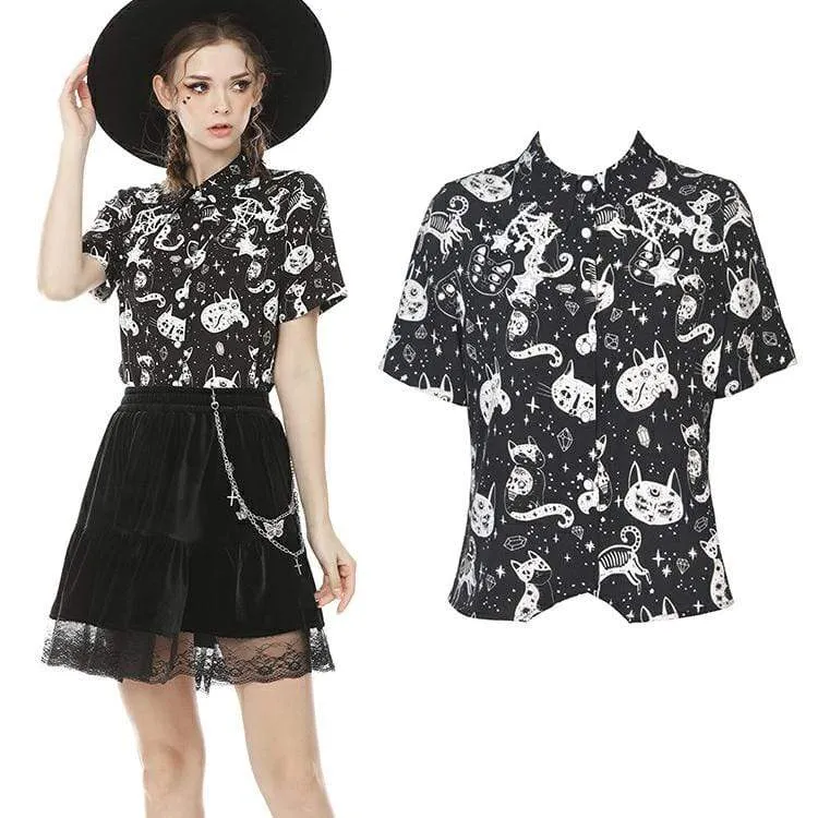 Frauen Lolita Cat Print Kurzarmhemden
