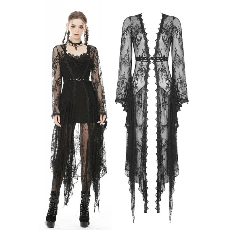 Damen Vintage Gothic Sheer Floral Lace Maxi Cape mit Gürteln