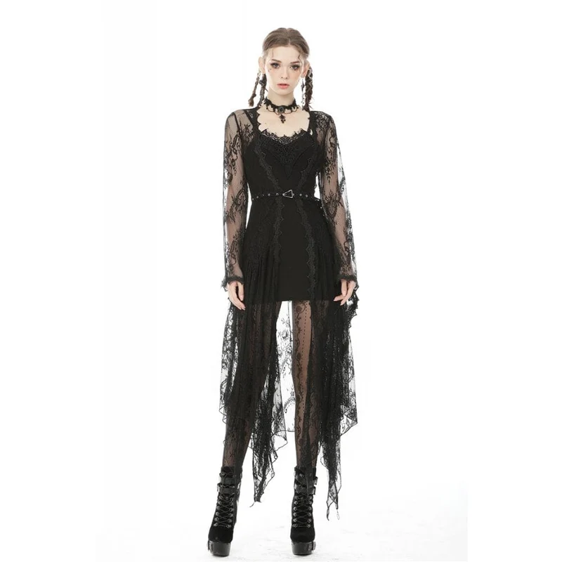 Damen Vintage Gothic Sheer Floral Lace Maxi Cape mit Gürteln