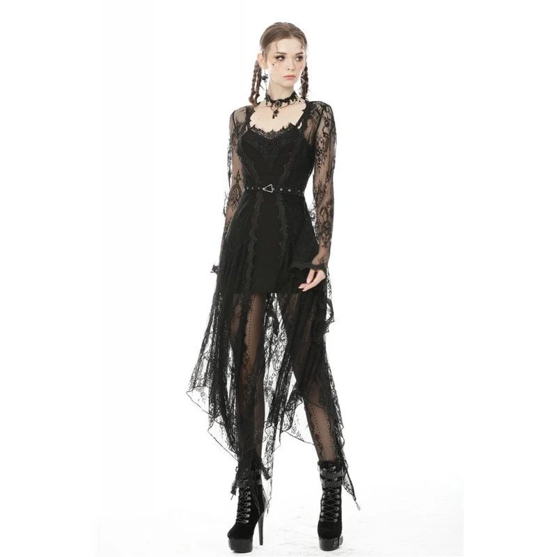 Damen Vintage Gothic Sheer Floral Lace Maxi Cape mit Gürteln