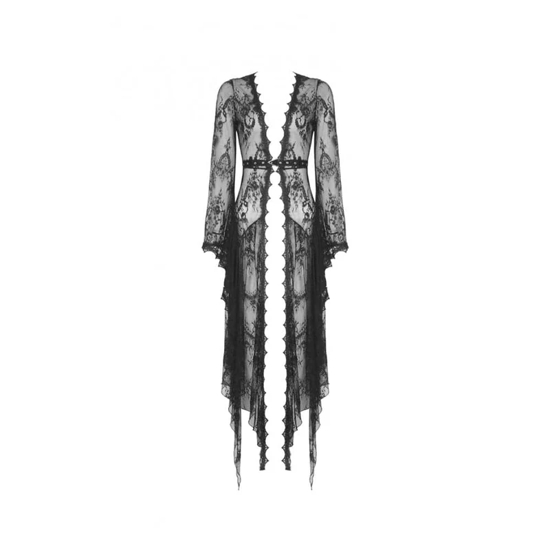 Damen Vintage Gothic Sheer Floral Lace Maxi Cape mit Gürteln