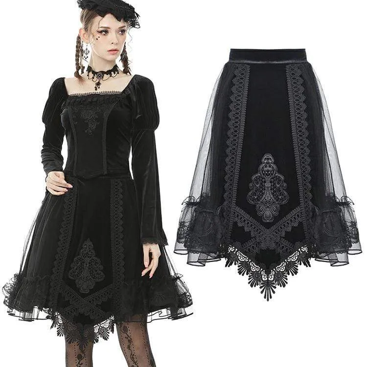 Damen Vintage Gothic Mesh Velet Splicing Unregelmäßiger Saum Röcke