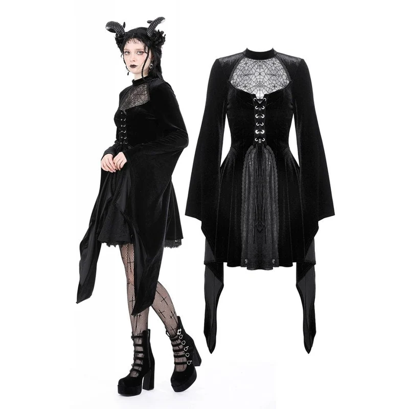 Damen-Brautkleid im Gothic-Stil mit ausgestellten Ärmeln, Spinnennetz und Spleiß-Samt