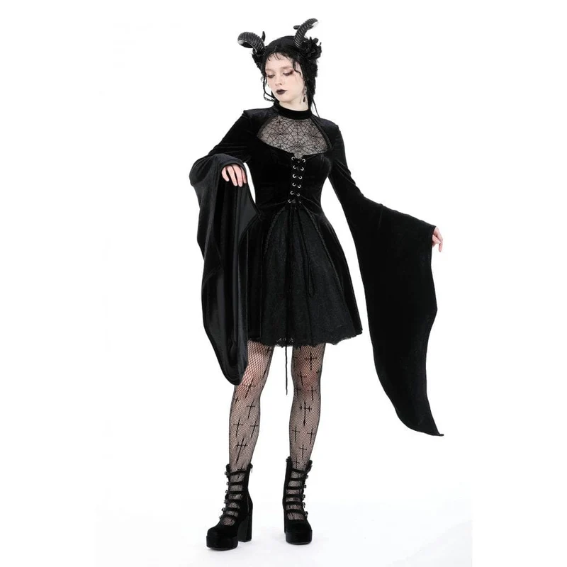 Damen-Brautkleid im Gothic-Stil mit ausgestellten Ärmeln, Spinnennetz und Spleiß-Samt