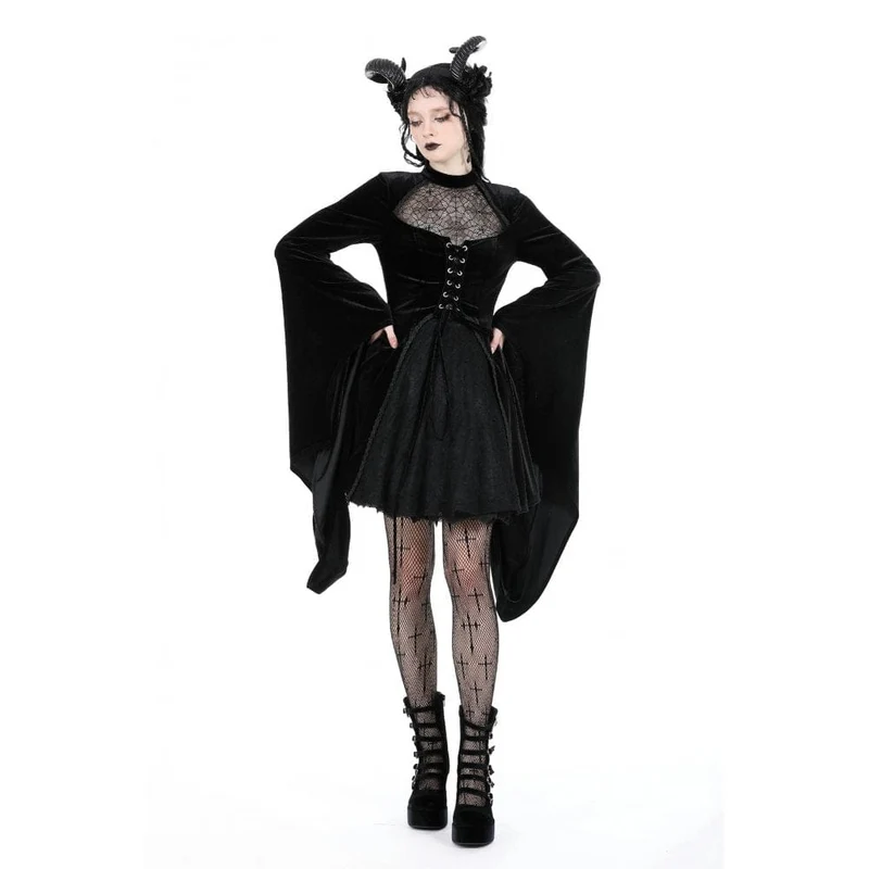 Damen-Brautkleid im Gothic-Stil mit ausgestellten Ärmeln, Spinnennetz und Spleiß-Samt