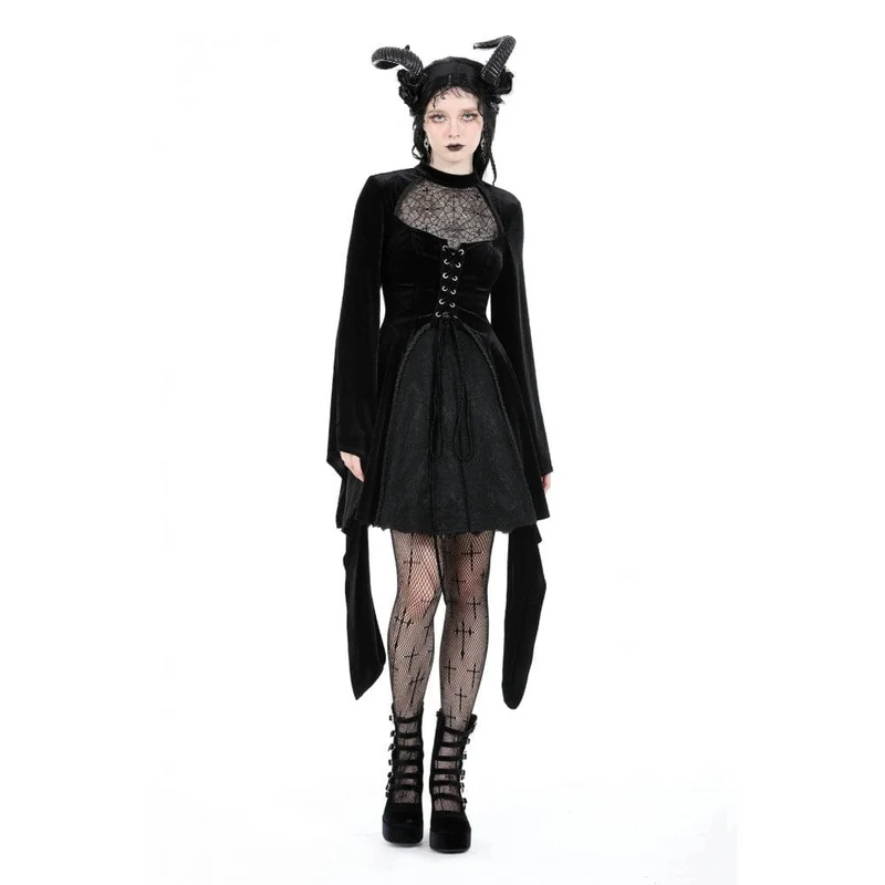 Damen-Brautkleid im Gothic-Stil mit ausgestellten Ärmeln, Spinnennetz und Spleiß-Samt