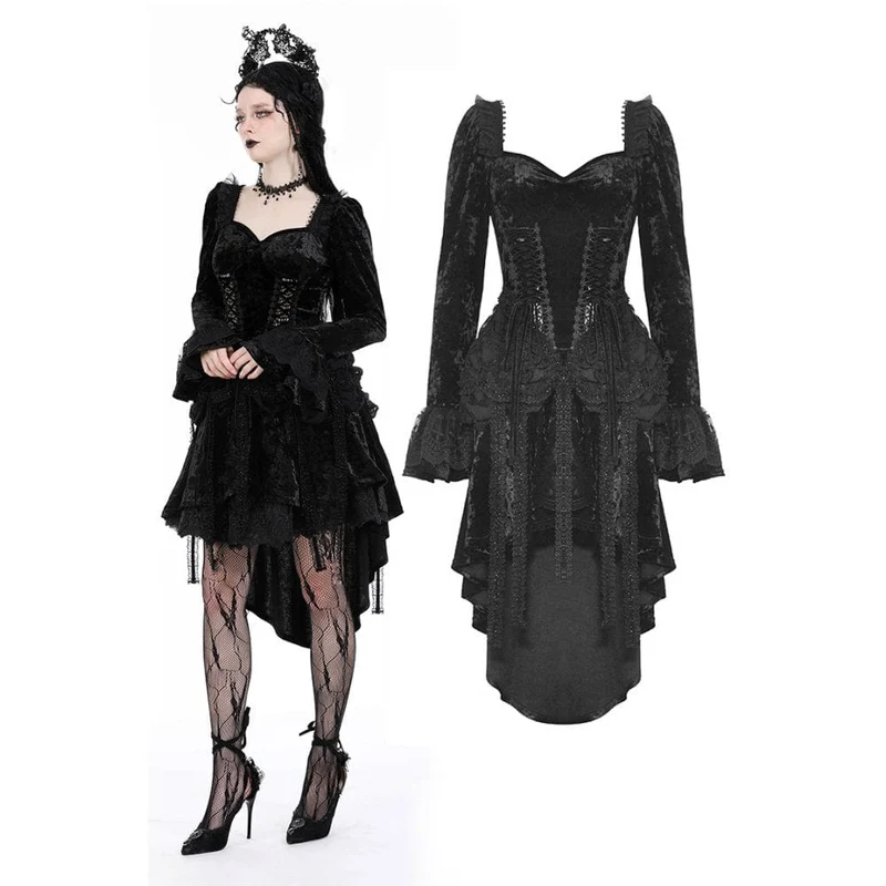Damen-Gothic-Lagen-High-Low-Samtkleid