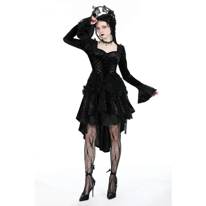 Damen-Gothic-Lagen-High-Low-Samtkleid