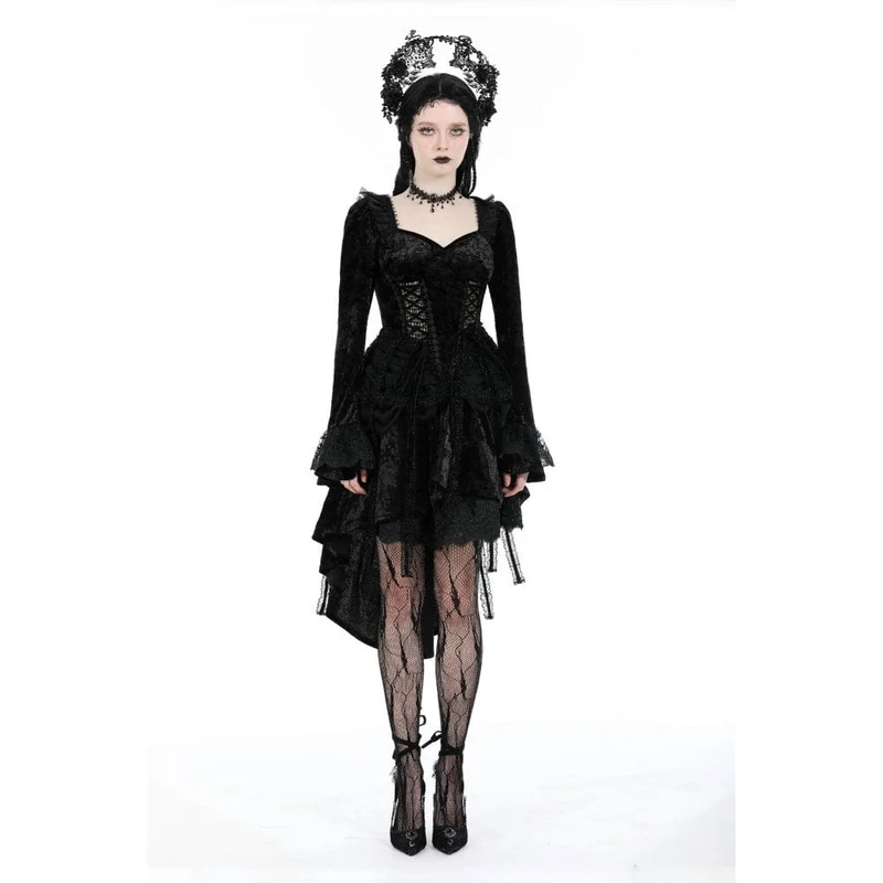 Damen-Gothic-Lagen-High-Low-Samtkleid