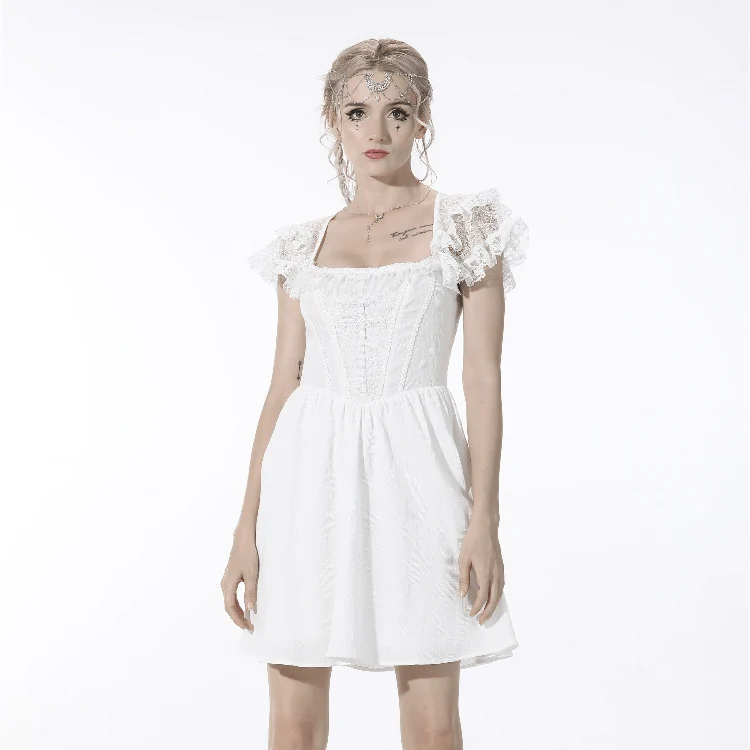 Weißes Gothic-Kleid für Damen mit Lagenlook, Kragen und Trägern, Abschlusskleid