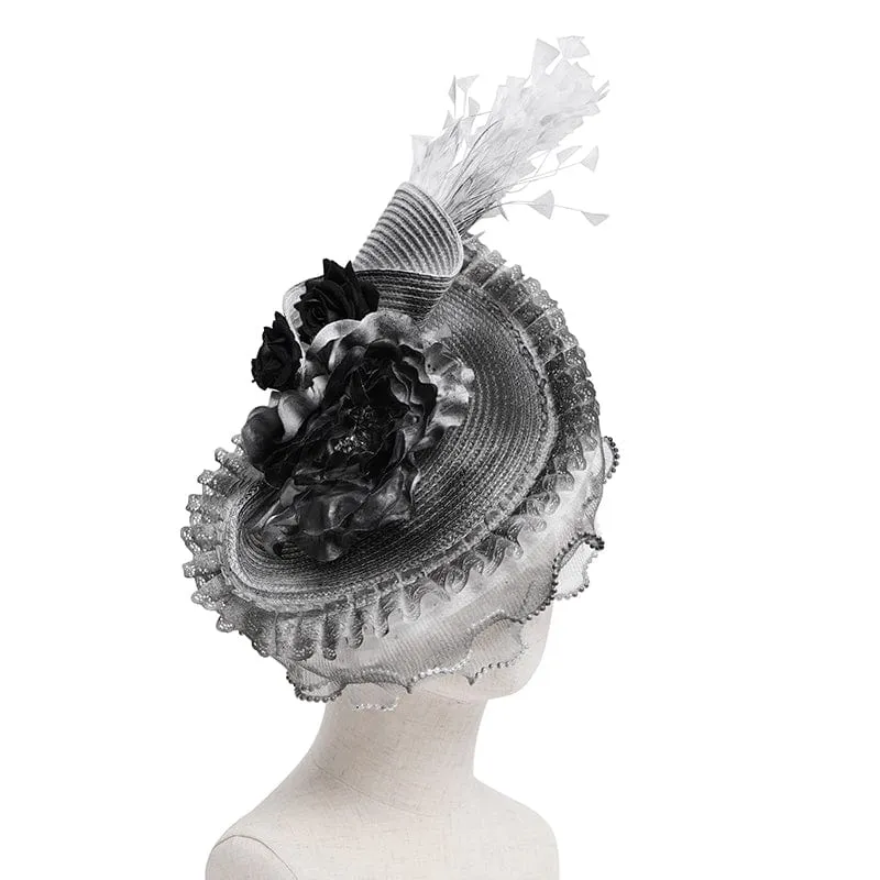 Damen Gothic Rose Rüschen Federhut Weiß-grau