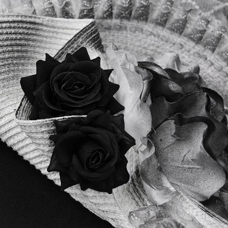 Damen Gothic Rose Rüschen Federhut Weiß-grau
