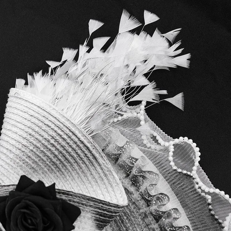 Damen Gothic Rose Rüschen Federhut Weiß-grau