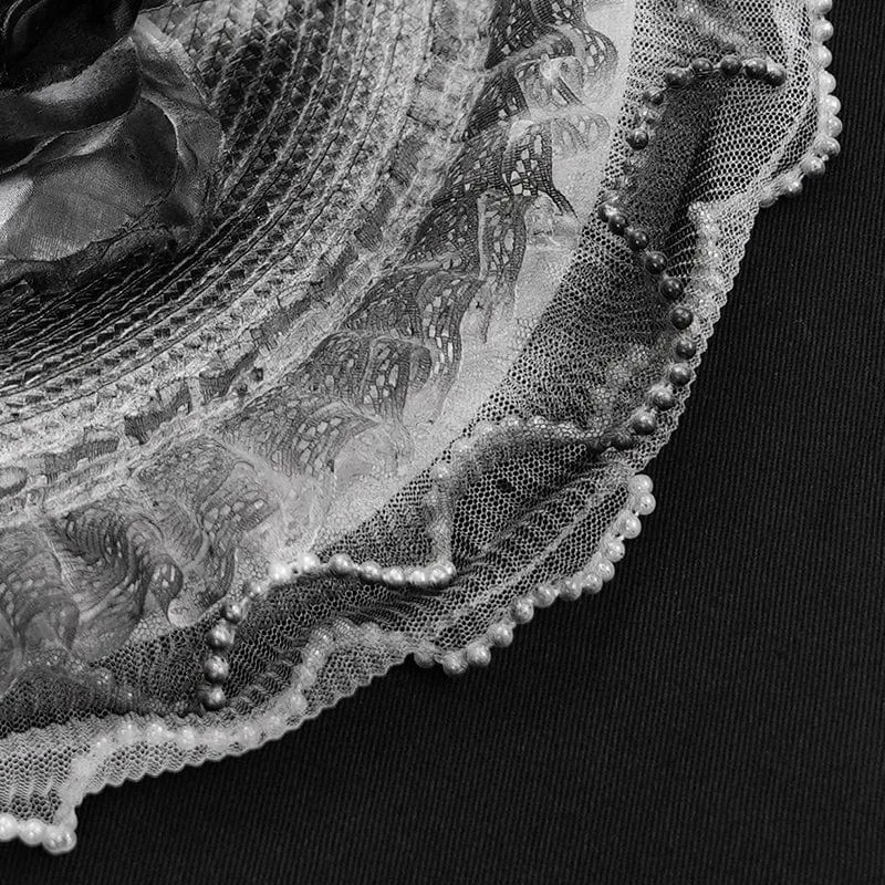 Damen Gothic Rose Rüschen Federhut Weiß-grau