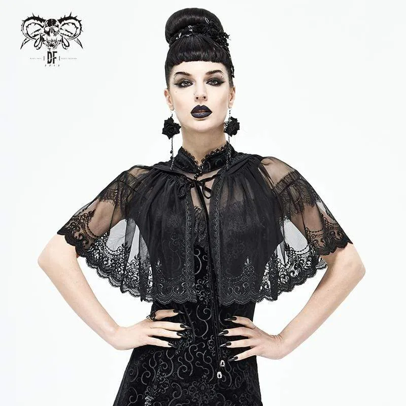 Damen Gothic Floral Lace Sheer Black Umhänge mit Kapuze