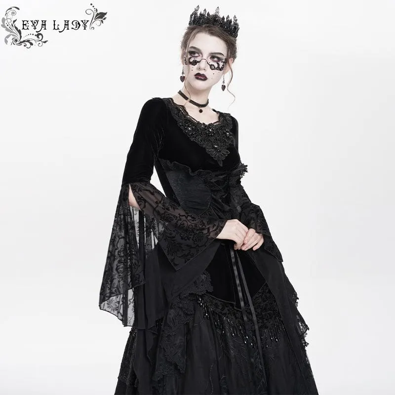 Gothic-Langarmhemd aus Samt mit Schnürung und Perlen für Damen