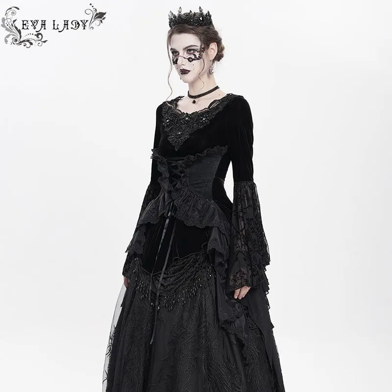 Gothic-Langarmhemd aus Samt mit Schnürung und Perlen für Damen
