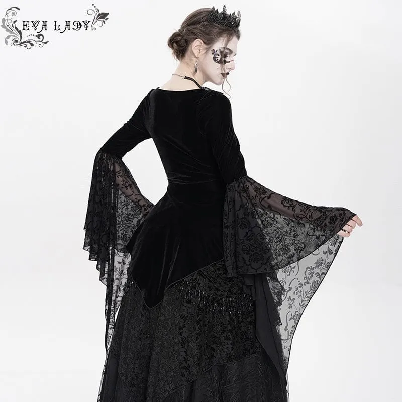 Gothic-Langarmhemd aus Samt mit Schnürung und Perlen für Damen