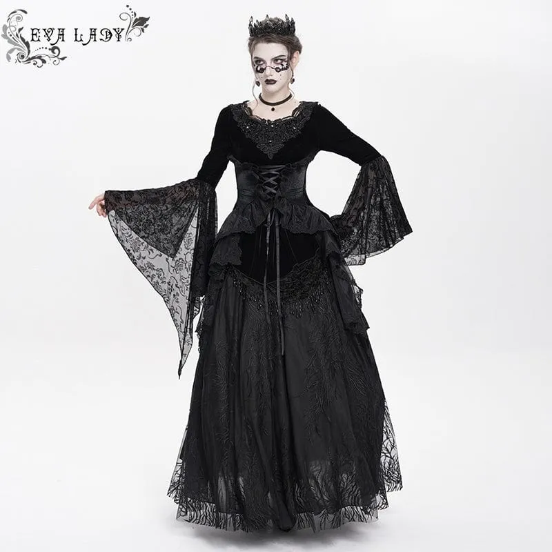 Gothic-Langarmhemd aus Samt mit Schnürung und Perlen für Damen