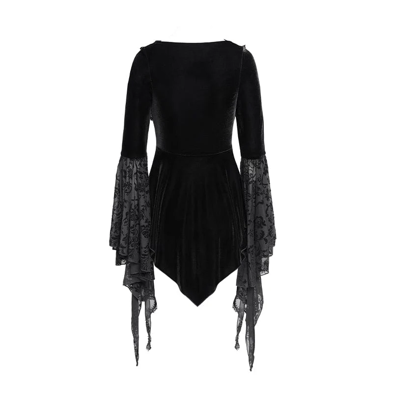 Gothic-Langarmhemd aus Samt mit Schnürung und Perlen für Damen