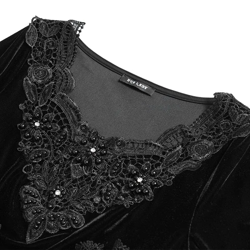 Gothic-Langarmhemd aus Samt mit Schnürung und Perlen für Damen